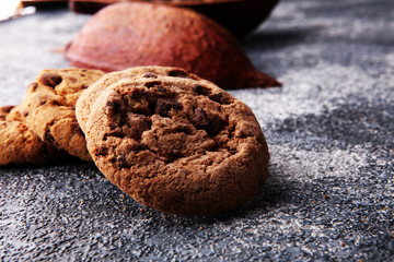 Fototapeta premium Chocolate cookies on grey table. Chocolate chip cookies shot