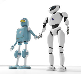 two generations of robots holding hands with an on-white background