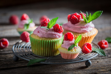 Closeup of sweet raspberry cupcake made of fresh fruits
