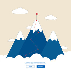 Vector flat flag on mountain. Success illustration. Business concept of goal, achievement, competition and triumph design.