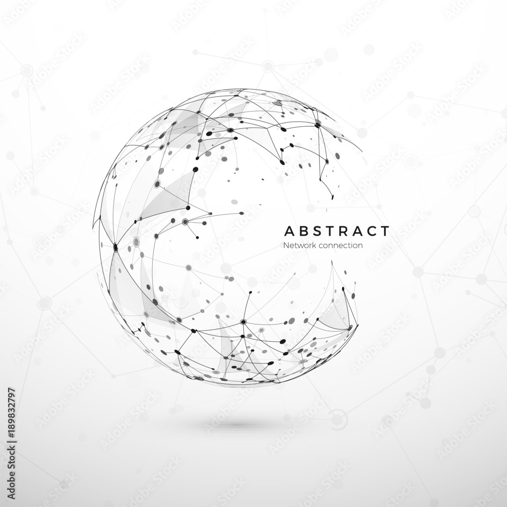 Poster Abstract global network concept. Web structure, node net. Dots and connection mesh. Sphere technology cyberspace background. Vector illustration on white background