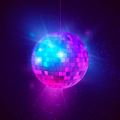 Disco ball with bright rays and bokeh. Music and dance night party background. Abstract night club retro background 80s and 90s. Vector illustration