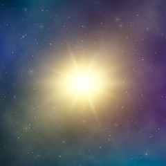 Obraz premium Sun light. Abstract bright star in space. Dark astral fantasy background. Vector illustration