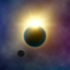 Fototapeta na wymiar Abstract Milky Way Galaxy. Solar eclipse. Sun shine behind planet Earth and Moon. Starry night sky. Vector background illustration