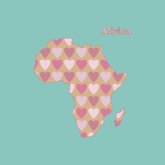 Zarys mapę Afryki z teksturą różowe i czerwone serce. Ilustracja wektorowa na białym tle na niebieskim tle. - 189833799