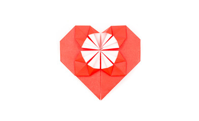 one red and white paper hearts origami crafts isolated on white