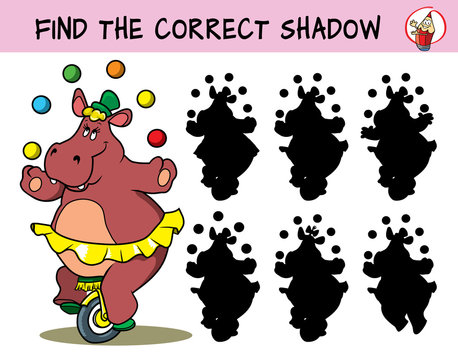 Funny circus hippo girl in a skirt on a unicycle juggling with balls. Find the correct shadow. Educational matching game for children. Cartoon vector illustration