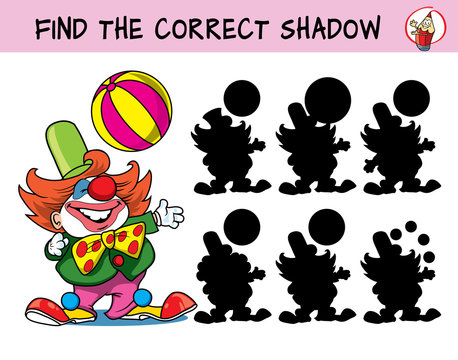 Circus clown artist with big ball. Find the correct shadow. Educational matching game for children. Cartoon vector illustration