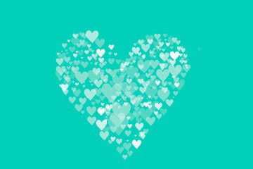 Little heart shape in big heart on pastel blue green color wallpaper with copy space. Hand drawn illustration raster pattern love theme on Valentine's day concept for product display and background.