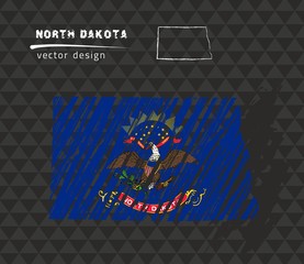 North Dakota national vector map with sketch chalk flag. Sketch chalk hand drawn illustration