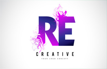 RE R E Purple Letter Logo Design with Liquid Effect Flowing