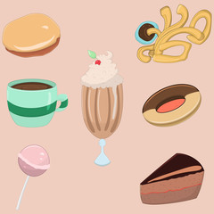Collection of sweet food: churros, hot chocolate, milkshake biscuit lollipop and . Vector illustration