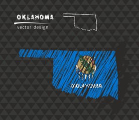 Oklahoma national vector map with sketch chalk flag. Sketch chalk hand drawn illustration