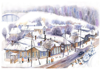 Winter city, watercolor