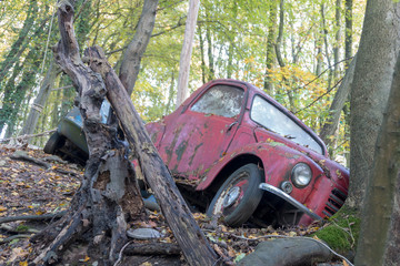 Verrostetes verlassenes Auto im Wald