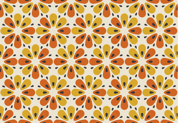 Retro orange und gelbe Farbe 60er Jahre Blumenmotiv. Geometrische nahtlose Blumenmuster. Vektor-Illustration