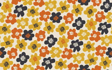 Einfaches, frei gezeichnetes nahtloses Blumenmuster. Retro 60er Jahre Blumenmotiv in orange und gelben Herbstfarben. Vektor-Illustration.