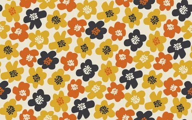 Muurstickers Eenvoudig gratis getekende naadloze bloemmotief. Retro 60s bloemmotief in herfst oranje en gele kleuren. vectorillustratie. © galyna_p