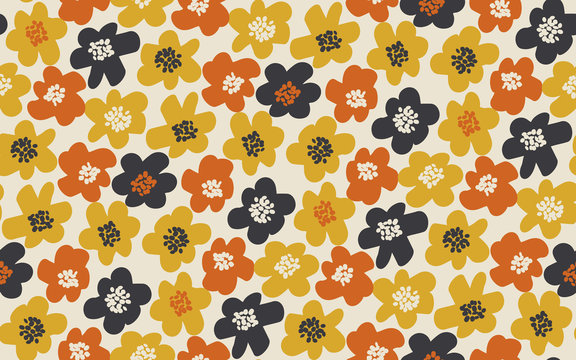 Simple free drawn floral seamless pattern. Retro 60s flower motif in fall orange and yellow colors. vector illustration.