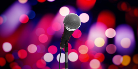 Fototapeta na wymiar Live music concert concept. Microphone on stand on bokeh background, banner. 3d illustration