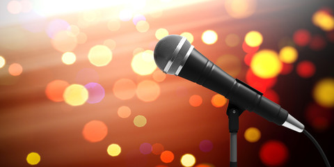 Obraz premium Live music concert concept. Microphone on stand on bokeh background, banner, copy space. 3d illustration