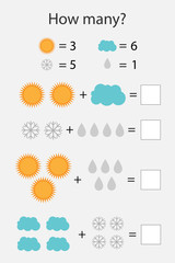 How many counting game with weather pictures for kids, educational maths task for the development of logical thinking, preschool worksheet activity, count  and write the result, vector illustration