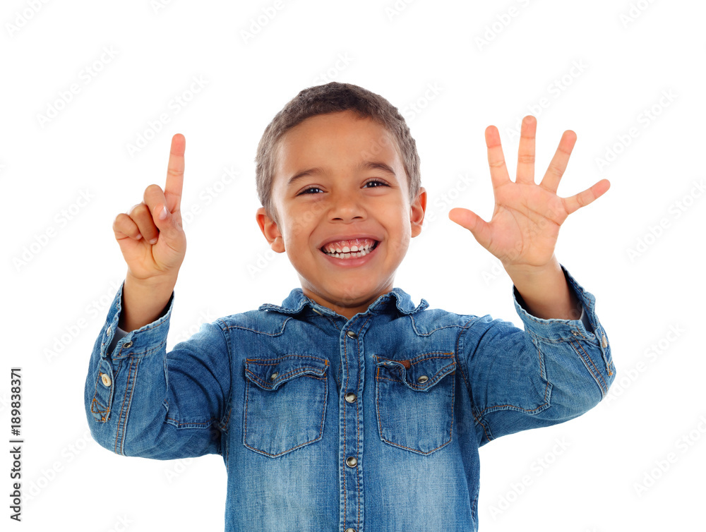 Sticker adorable child counting with his fingers