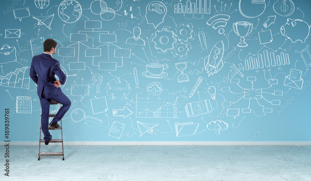 Poster businessman watching a project sketch on a wall 3d rendering