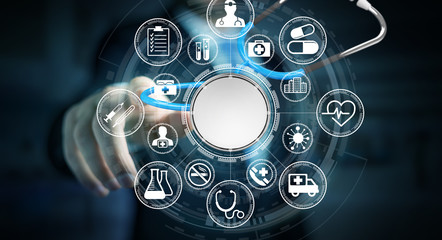 Businessman holding and touching floating stethoscope 3D rendering