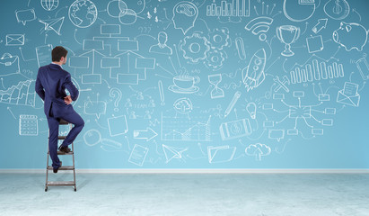 Businessman watching a project sketch on a wall 3D rendering