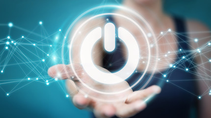 Businessman using 3D render power button with connections