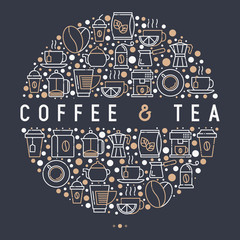Coffee and tea concept in circle with thin line icons: take away paper cups, cezve, coffee machine, teapot, cappuccino, cup, tea with lemon, grinder. Modern vector illustration.