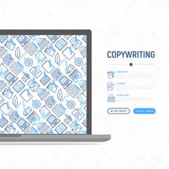 Copywriting concept with thin line icons: letter, e-mail, book, blogging, hand with pen, feather, typewriter, article, seo. Modern vector illustration for web page template, banner.