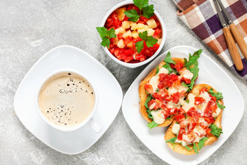  bruschetta with  tomatoes, mozzarella cheese and herbs