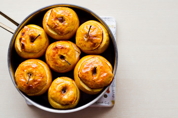 Baked apples with honey and cinnamon. The concept of a healthy diet without sugar and flour. Home recipe.