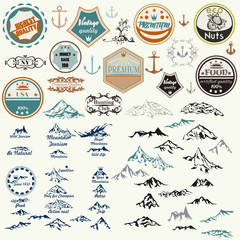 Huge vector collection of vintage labels and hand drawn mountains