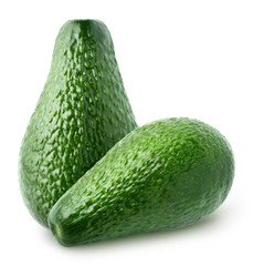 Isolated avocados. Two whole avocado isolated on white background with clipping path