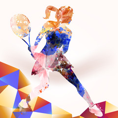 Illustration with girl playing in tennis from colorful pieces - 189843132