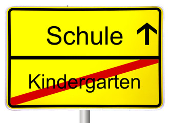 Strassenschild zeigt Ende Kindergarten und Beginn Schule