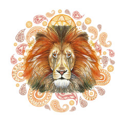 Watercolor drawing of an animal of a mammal, a predator of a red lion, a red mane, a lion-king of beasts, a portrait of greatness, strength, kingdom, india, Indian patterns, with elements of a Turkish