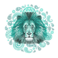 Watercolor drawing of an animal mammal predator, turquoise lion, turquoise mane, lion-king of beasts, portrait of majesty, strength, kingdom, india, Indian patterns, with elements of turkish cucumber 