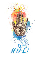 A watercolor drawing of a human hand, palms with a mehendi knot, an Indian pattern, with bright paint divorces and splashes on the theme of a holi festival, for decor and a postcard on a white backgro