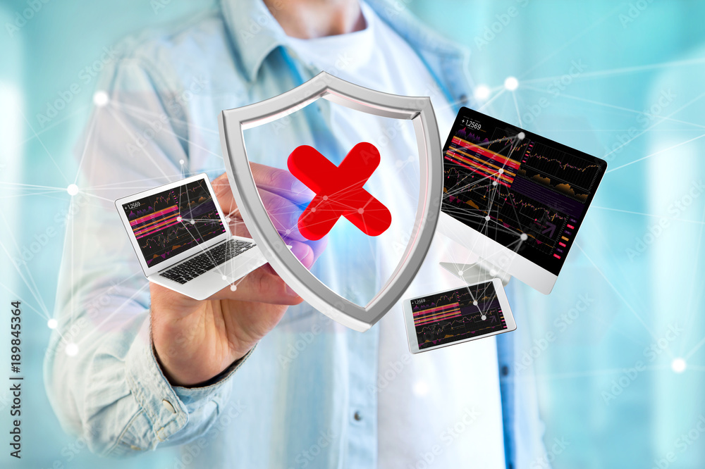 Poster hacked shield symbol surrounded by devices and network displayed on a futuristic interface