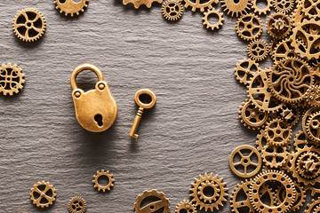 Various metal cogwheels and gear wheels