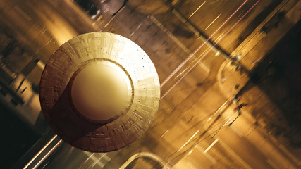 UFO, science fiction scene, alien spaceships from outer space hovering over Earth city, extraterrestrial visitors in flying saucers (3d illustration) © dottedyeti