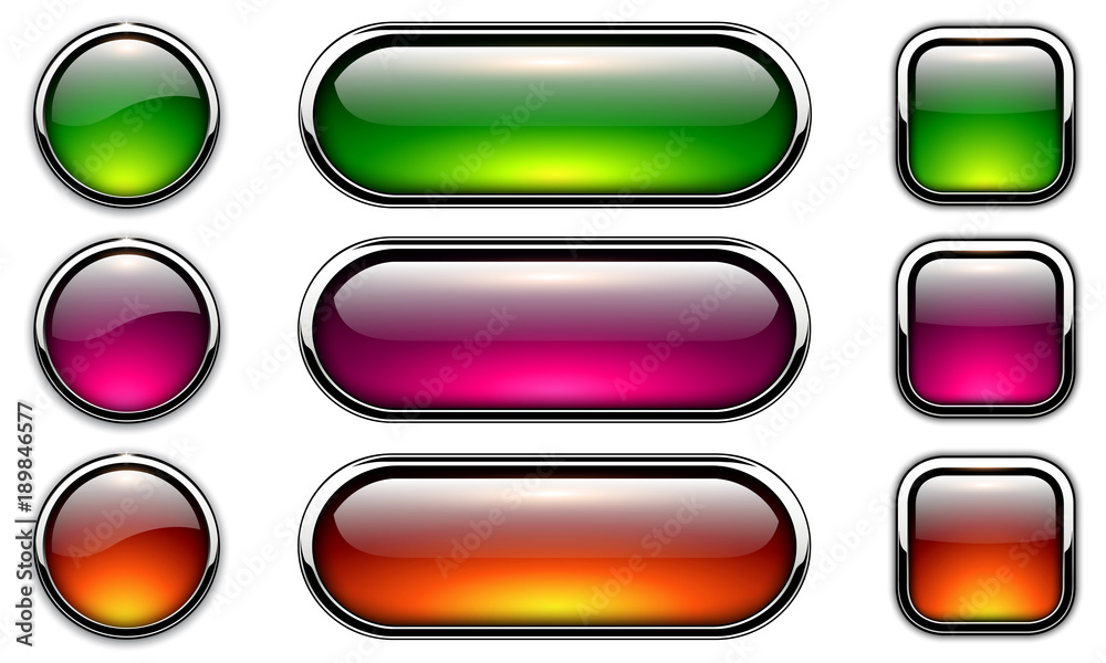 Poster Glossy buttons set with metallic, chrome elements, shiny icons 