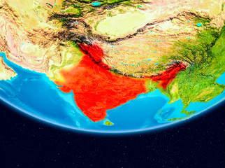 Satellite view of India in red