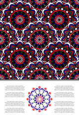 Vector islamic card. Oriental banner template. Rising sun floral ornament. Colorful mandalas.