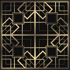 Vector geometric ornament in Art Deco style. Square tiled element for design. Light golden lined shape. Luxury background for invitation, menu, poster.