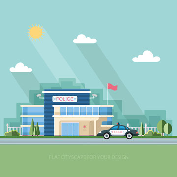 Gas station. Oil, fueling petrol with shop. Red car on a pit stop on the city background. Flat vector illustration